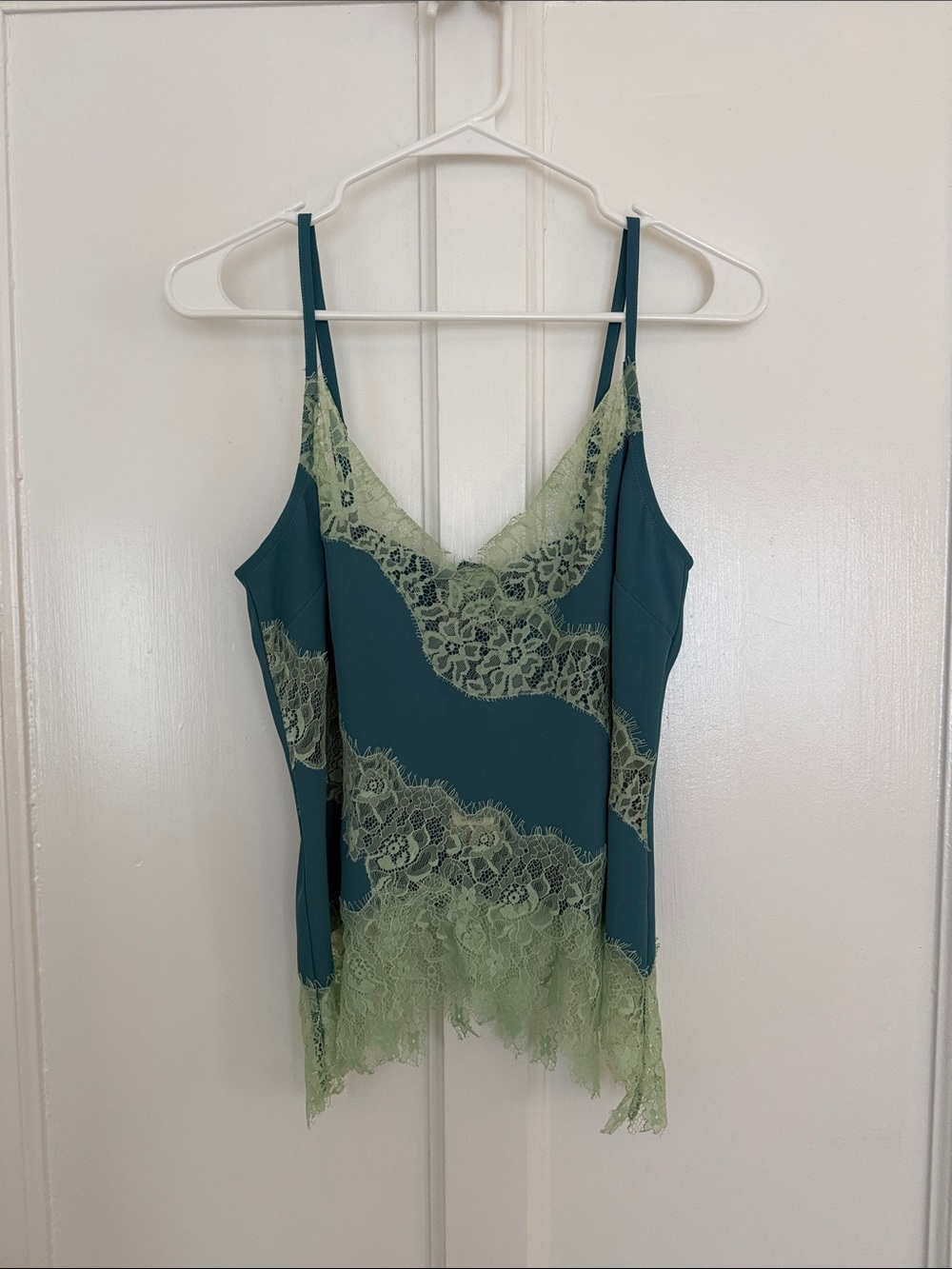 Anthropologie Teal Camisole with Light Green Lace Trim